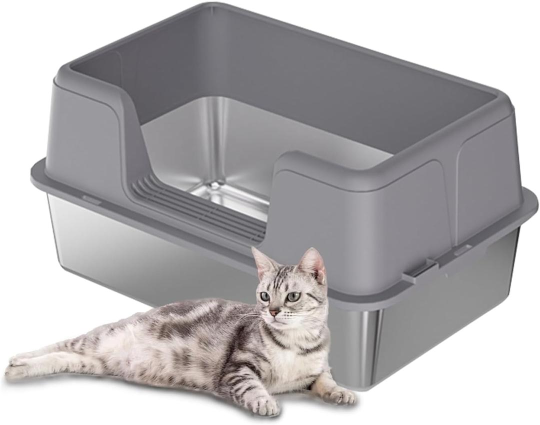 Stainless Steel Litter Box with Lid, Extra Large High Sided Cat Litter Trays, Litter Box with Anti-Slip Cat Litter Mat and Scoop Easy Clean Detachable (grey 1)