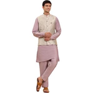 Pro-Ethic Style Developer Mens Indian Traditional Cotton Kurta Set With Jacquard Silk Jacket (Waistcoat) For Men Size 46