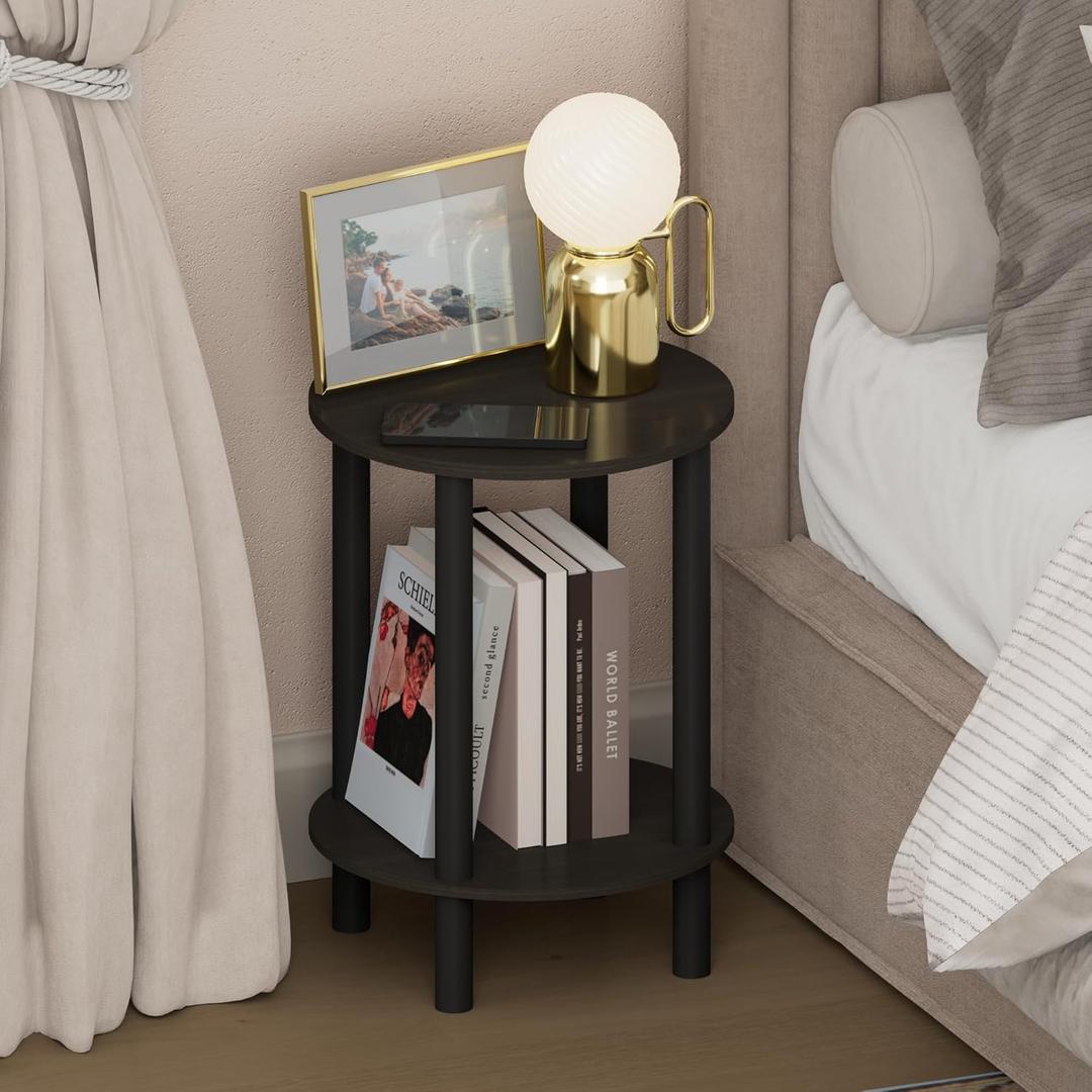 Furinno Turn-N-Tube Night Stand, 2-Tier Round Small Nightstand, Toolless Assembly Narrow End Table with Open Shelf, Side Table, Bedside Table, for Bedroom, Closet, Dorm, Espresso