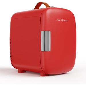 NEWBULIG Mini Fridge for Bedroom, Office & Car, Portable 4L/4.23QT Mini Refrigerator for Skincare with Handle, Ultra-Quiet Energy-Saving Compact Cooler for Drinks, Food, Skincare & Makeup, 12V AC/DC (Red)