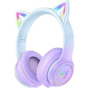 Cat Ear Bluetooth Headphones with Micphone for Kids & Adults, LED Light Up Wireless HI-FI Sound Quality, Over-Ear Headphones with Volume Control for iPhone/iPad/Laptop/PC(55H Play Time)