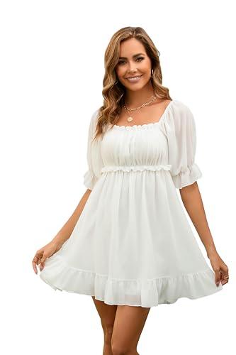 DUKAKII Women's Summer Dress Boho Short Sleeve Mini Dresses Square Neck Ruffle Mini Beach Dresses Milk White, Size M