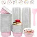 100 PCS Aluminium Foil Baking Cups, Mini Cake Pans with Lids and 100 PCS Spoons, 5 oz Disposable Baking Cups Foil Ramekins For Party Birthday Wedding Valentines (Pink)