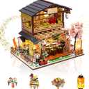 DIY Miniature Dollhouse Kit, Japanese Tiny House Model with Music Box, LED Light, Dust Proof Cover, 3D Wooden Puzzle for Adults, Creative Handmade Crafts Home Decor Hobby Birthday Gift (Sushi Shop)