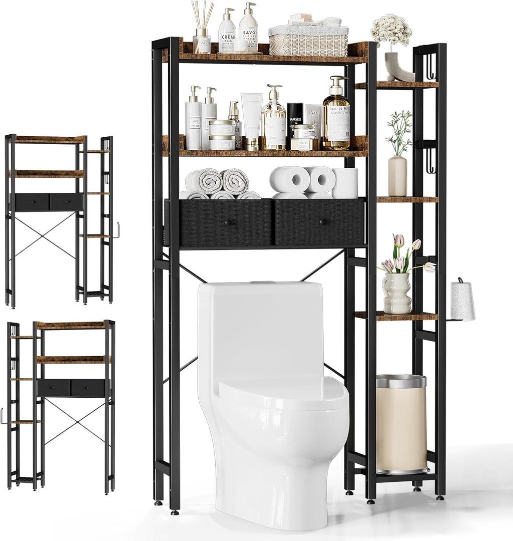 Over The Toilet Storage with 2 Drawers, 7 Tier Over Toilet Bathroom Organizer with Height Adjustable Shelves and Hooks, Space Saver Above Toilet, Black+Brown (31.69"W)
