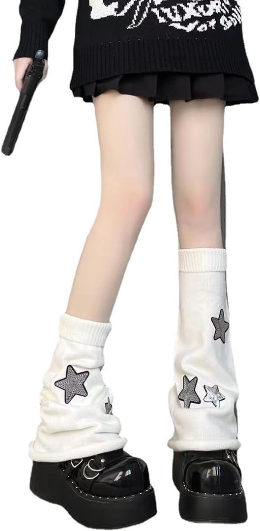 Y2k Star Pattern Knitted Leg Warmers Socks Punk Japanese Kawaii Streetwear Leg Cover for Women Knee High Leg Socks (White)