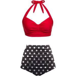 Holipick Women High Waisted Bikini Set Two Piece Swimsuit Tummy Control Bathing Suit Vintage Halter Swimwear (Medium, Red Black Polka)