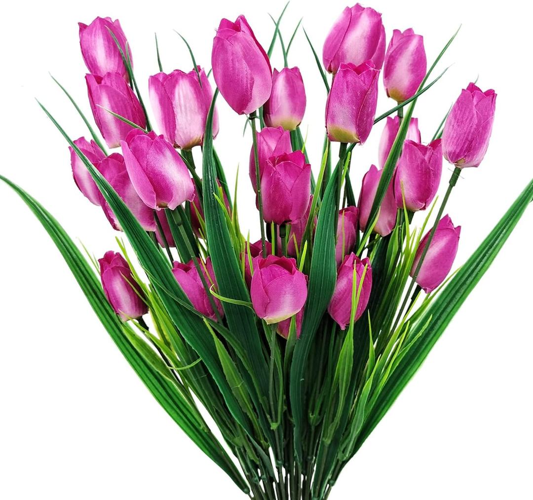 6 Pcs Tulips Artificial Flowers for Outdoors, Fake Plants Faux Plastic Silk Floral Arrangement for Home Indoor Outside Table Vase Garden Spring Decor (Purple)
