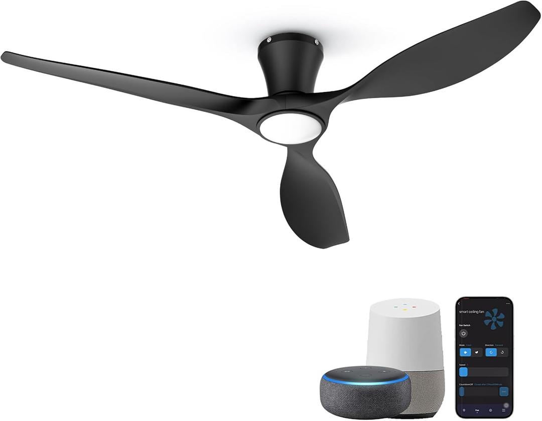 TALOYA 52 Inch Smart Ceiling Fans with Lights Led Remote Control Flush Mount Low Profile for Bedroom Farmhouse Patio Outdoor Living Room Kitchen Dining Room,DC Motor,Reversible, Black