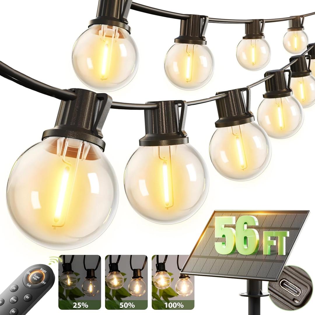addlon 50ft- 25 Sockets Solar String Lights Outdoor with Remote,  Shatterproof G40 Bulbs, Solar Powered & USB Charging Patio Lights, Dimmable Waterproof Solar String Lights for Outside, Camping, Backyard