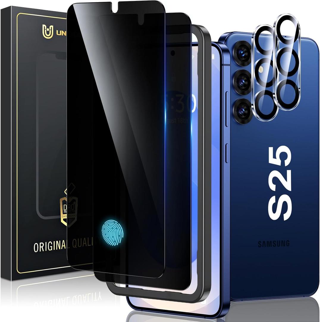 UniqueMe for Samsung Galaxy S25 6.2 inch Privacy Screen Protector,Ultrasonic Fingerprint Compatible[2+2 Pack] 9H Tempered Glass and Camera Lens Protector (Black)