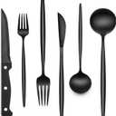 EWFEN 24-Piece Black Silverware Set with Steak Knives, Black Flatware Set for 4, Food-Grade Stainless Steel Tableware Cutlery Set, Mirror Finished Utensil Sets for Home Restaurant, Long Edge
