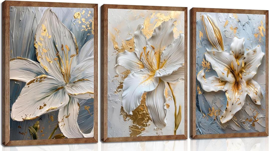 3Pcs Abstract Golden White Flower Wall Art Boho Gold Foil Blossom Canvas Oil Painting 2D Plane Textured Floral Wall Decor Nordic lily Posters Prints for Living Room Bedroom Office Pictures Unframed