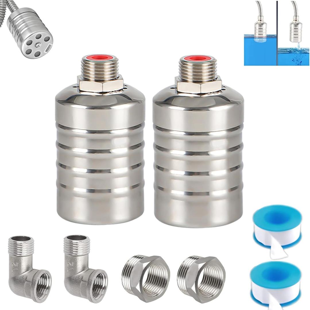 Float Valve, 2 Pack 1/2" 3/4'' Auto Fill Shut off Water Tank Float Valve, 304 Stainless Steel Fully Automatic Water Level Control Valve, Float Valve for Water Tank(2 pcs)
