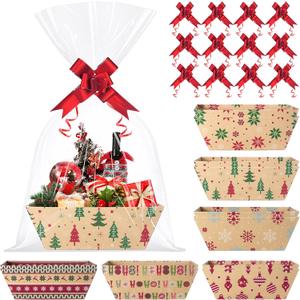 Pascliyna 12 Set Christmas Gift Baskets Empty 10x7 Inch, Kraft Paper Christmas Gifts Baskets with Cellophane Bags and Red Pull Bows, Reusable Gift Wrapping for Xmas Holiday Winter Party Supplies