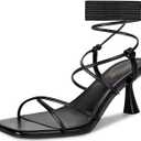 ISNOM Strappy Sandals for Women Kitten Heels Lace Up Heels Stiletto Heels Wrap Around Heels with Square Toe 6