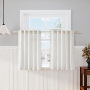 Nanspring Cafe Linen Curtains 40 Inch Length Cream Privacy Semi Sheer Light Filtering Back Tab and Rod Pocket Drapes for Basement/Loft Room Small Window 34 x 40 Inch,2 Panels