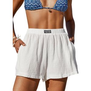 CUPSHE Women's Casual Shorts Cotton High Rise Beach Cover Ups Summer Shorts with Pockets (Large, White)