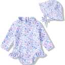 Infant Baby Girl Swimsuit One-Piece Long Sleeve Rash Guard with Hat Set Floral Zipper Bathing Suit Leopard Beach Wear (White, 6-12M)