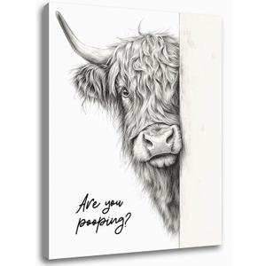 Gongyuanyihao Arts Funny Highland Cow Bathroom Wall Art - Rustic Farmhouse Art with Humorous Are You Pooping Canvas Print, Cute Animal Picture for Restroom - Framed Ready to Hang 16"x20"