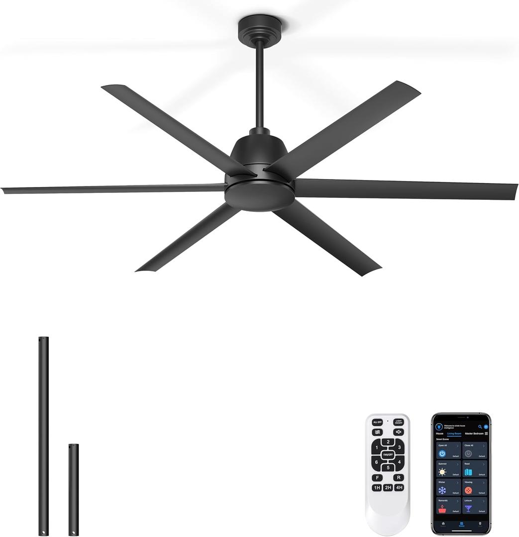 65 Inch Ceiling Fan No Light - Black Ceiling Fan with Remote & APP Control, Quiet Reversible DC Motor, 6 Blades, Indoor Outdoor Ceiling Fans without Light for Patio Living Room Garage Shop