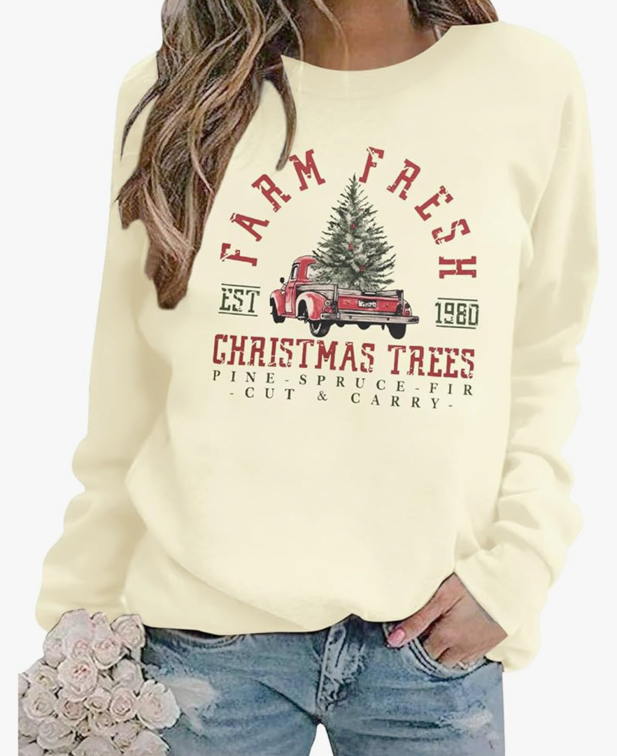 MYHALF Christmas Sweatshirts for Women 2025 Crewneck Christmas Trees Shirts Long Sleeve Xmas Holiday Sweater Tops Lightweight (XL, Apricot)