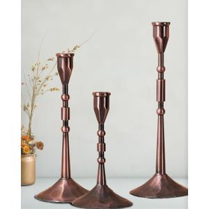 YOUTUOY Vintage Taper Candle Holders Set | Handmade 3-Piece Candlestick Decor for Table Centerpiece, Farmhouse Kitchen & Party Lighting (Reddish Bronze)