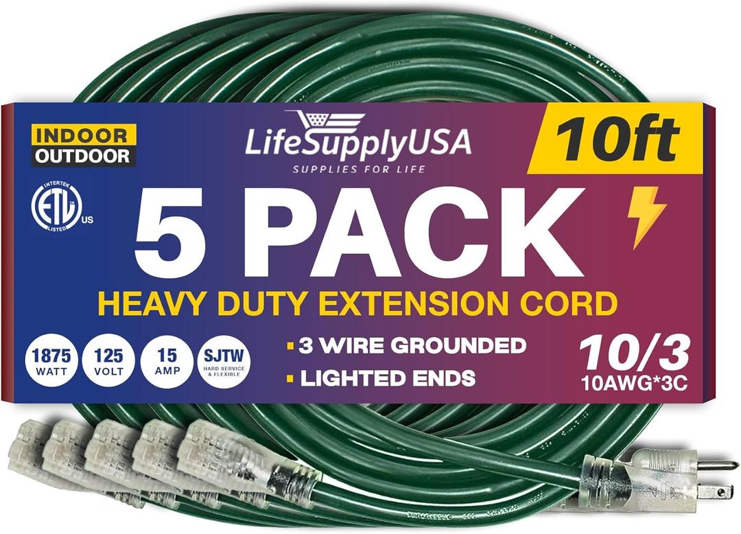 10ft Outdoor/Indoor Extension Cord 10/3 Gauge Ultra Heavy Duty 3 Prong SJTW, Waterproof, ETL Listed, Flexible Cold-Resistant Long Power Cord,125 Amp 1875W, Green by LifeSupplyUSA (4-Pack)