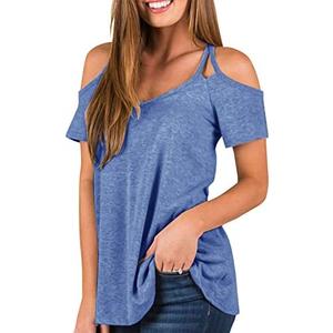 Minclouse Women's Short Sleeves Cold Shoulder Tops V Neck Casual Strappy Shirts (Large, Sky Blue)