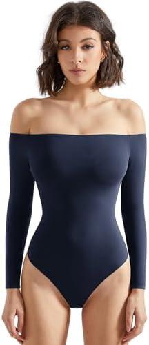 SUUKSESS Women Off the Shoulder Long Sleeve Bodysuit Double Lined Thong Bodysuit
