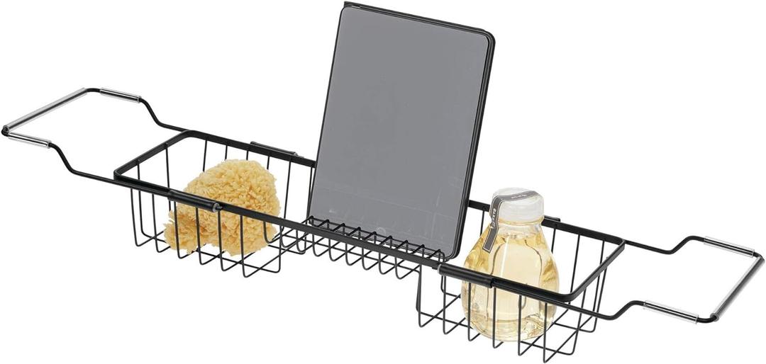 iDesign Everett Metal Adjustable Over the Tub Caddy Basket for Master, Guest, Kid's Bathroom, 22.55" x 6.7" x 4.41", Matte Black