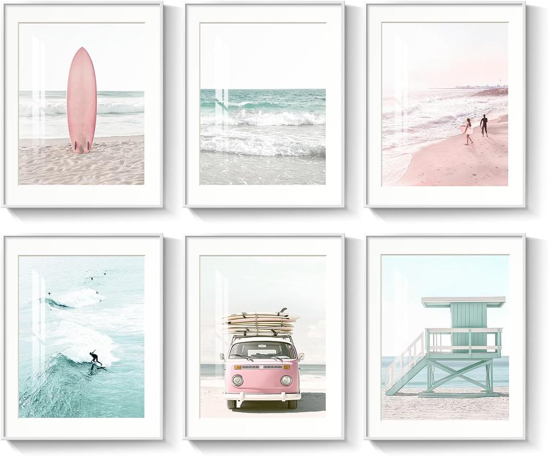 Framed Coastal Beach Wall Art for Living Room, 6 Piece Ocean Wave Surfboard Beachy Canvas Artworks, Pink and Aqua Green Seascape Picture Prints for Bedroom Hallway Office Wall Decor, 11x14 Inch