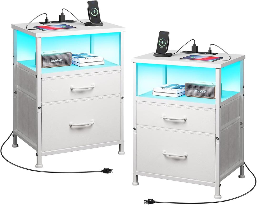 Nightstand with Charging Station Set of 2, LED Night Stand with 2 Fabric Drawers, Side Table with Open Shelf, End Table with Steel Frame, 2 Drawer Dresser for Bedroom, White