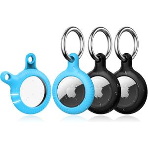 YOSH Air Tag Holder 4 Pack, Air-Tag Keychain Holder Case[Anti-Scratch] [Pet Chew Proof] [Twist Lock Design] Metal Key Chain Ring for Kids, Dog, Luggage (102-Black/Light Blue)