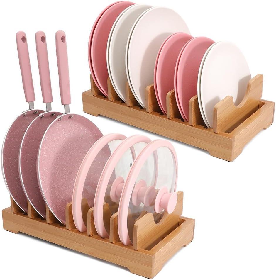 Bamboo kitchen storage rack - adjustable lid rack, suitable for cabinet storage, perfect for pots, pans, cutting boards, baking pans, plates, etc- Keep the kitchen clean and tidy