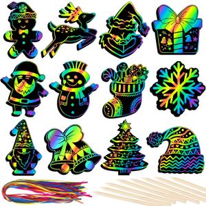 RICEDUO 48 Pcs Christmas Scratch Crafts Art for Kids, Rainbow Christmas Scratch Paper Art with Wooden Sticks, Xmas Ornaments for Kids Party Favors Supplies