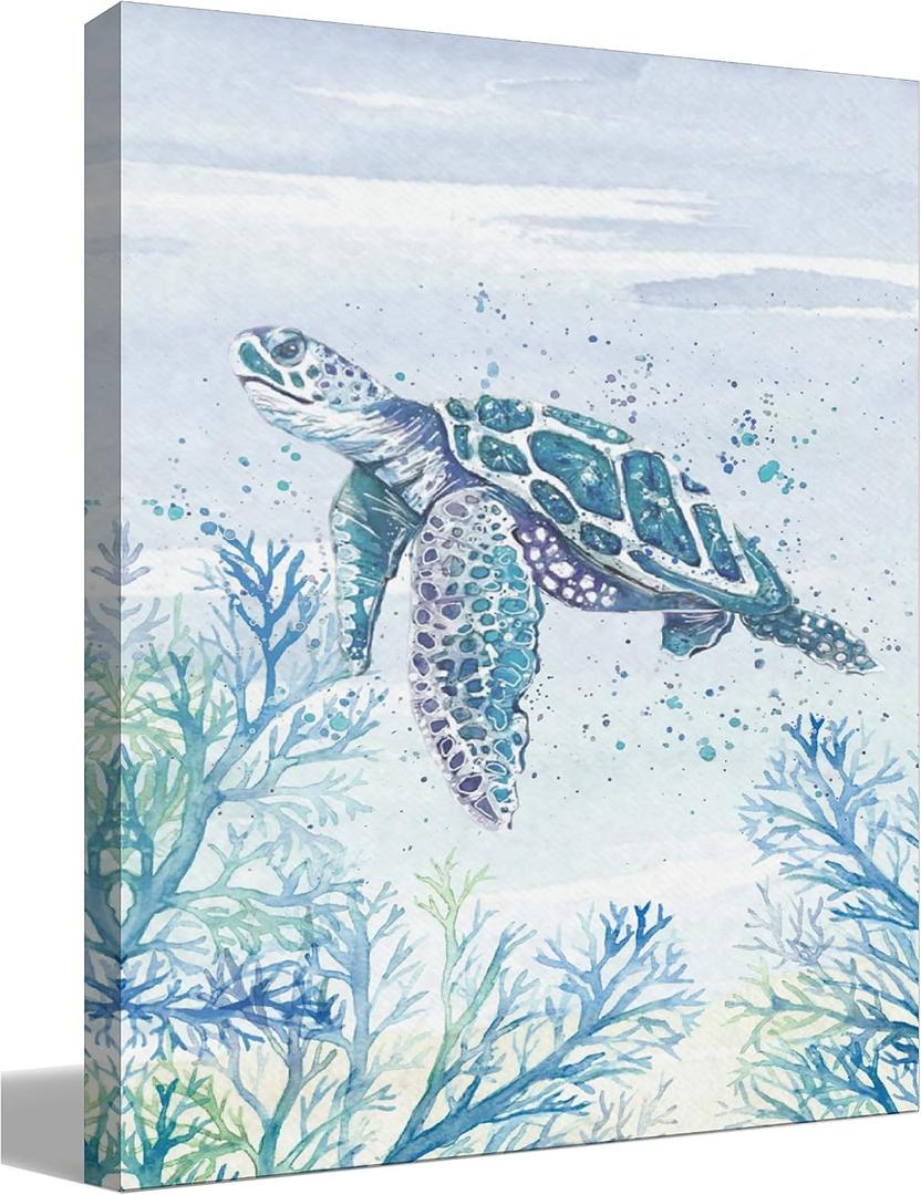 BIWSHA Blue Sea Turtle Wall Art Decor, Coastal Beach Bathroom Decor, 14"L x 11"W