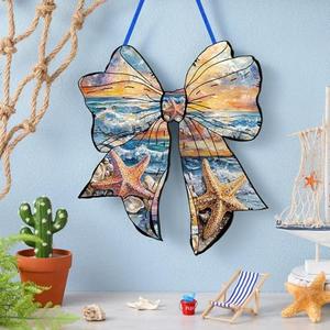 Pack Of 2 RattanView Summer Coastal Bow Wooden Hanging Sign Beach Summer Coquette Bow Wall Hanging Wall Art Bowknot Welcome Door Sign Girly Decor for Girls Room College Dorm Apartment Indoor Outdoor Porch