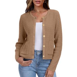 ANRABESS Women Cardigan Sweater Dressy Casual Classic Long Sleeve Crew Neck Button Down Tweed Knit Jacket 2026 Fall Outfits Dark Khaki Small (Brown)