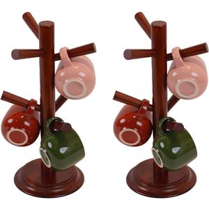 Mug Tree Set of 2 | 13.5"x7"x7", 6 Hooks Cup Holder with Thick Rubberwood Base, Wooden Coffee Mug Holder Stand for Countertop, Kitchen Table, Cup Organizer Rack for Mugs or Utensils (Brown)