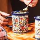 Pottery Coffee Mug Set,14oz, Hand Painted Ceramic Tea Cups with Unique Design for Hot or Cold Drinks (Exotic Daisy), Convention, Blue