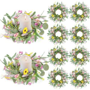 8 Pcs Summer Artificial Flowered Wreath Mini Floral Wedding Spring Candle Rings Wreaths Pillar Candle Holder for Porch Outside All Season Wedding Home Door Tabletop Decoration