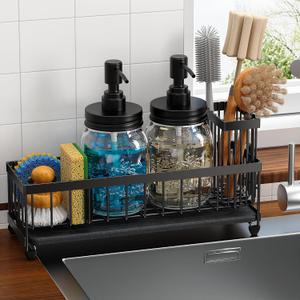 Mason Jar 16 oz Liquid Soap Dispensers Set with Large Kitchen Sink Caddy, Black Rustproof Stainless Steel Pump, Refill Hand Soap, Dish Soap, Vintage Farmhouse Decor for Bathroom, Kitchen