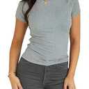 Dwnval Women's Basic Summer Short Sleeve Crewneck T Shirt Raglan Ribbed Knitted Slim Fit Casual Going Out Tops L