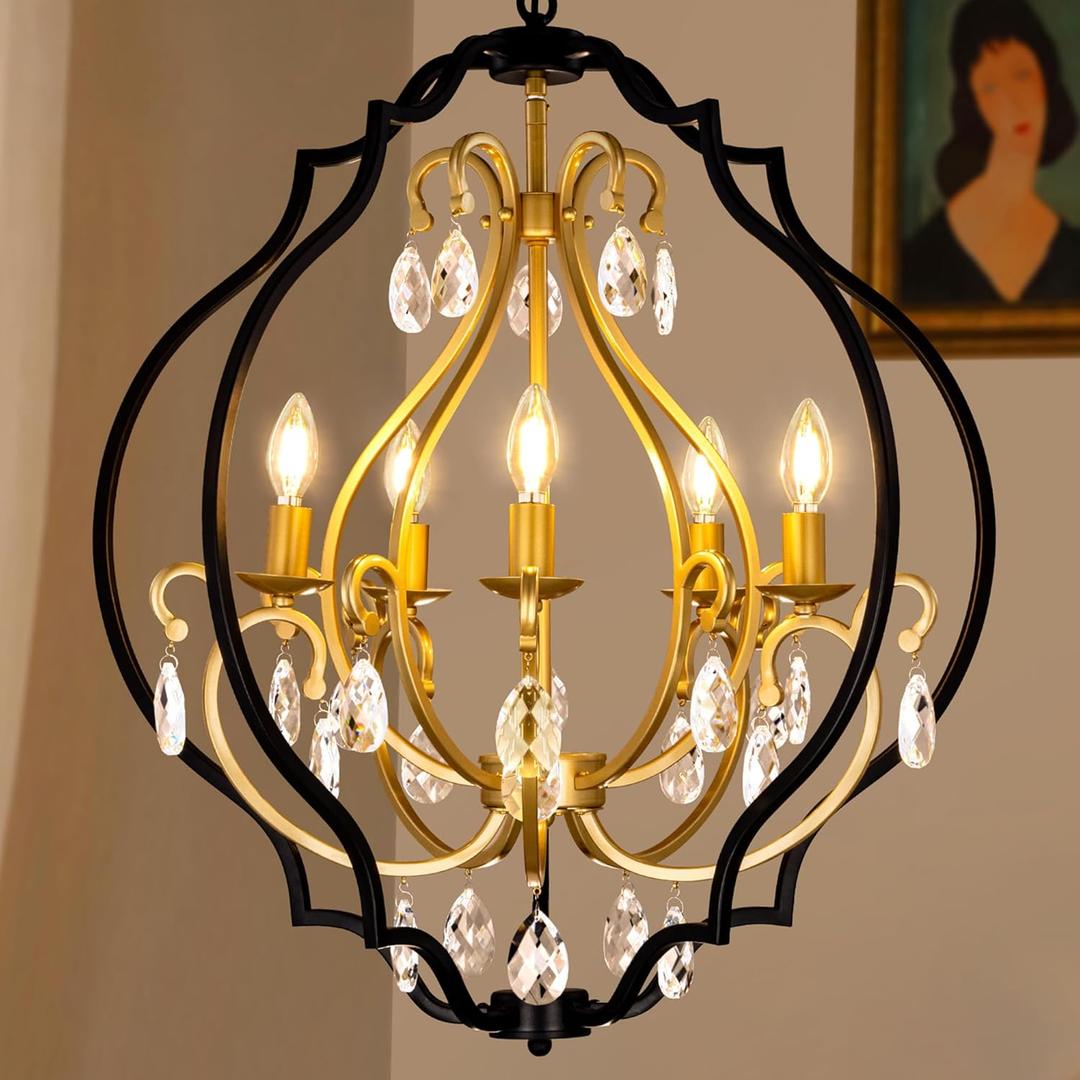 TOCHIC 27" Black and Gold Chandeliers for Dining Room 5 Lights Crystal Chandelier Light Fixture for Bedroom Vintage Orb Chandeliers for Living Room, Kitchen, Hallway