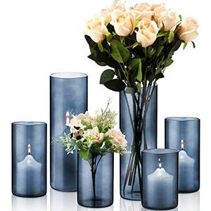 Blue Glass Cylinder Vases Hurricane Candle Holders Pillar Candle Holders Vases Blue Vase Candle Holder Clear Glass Flowers Vases for Valentine Wedding Kitchen Table Centerpiece Decoration (3 Pieces)