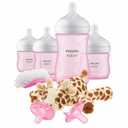 Philips Avent Natural Response Baby Gift Set - 3X 4oz Pink Bottles with Slow Flow Nipples (Flow 2), 1x 9oz Pink Bottle with Medium Flow Nipples (Flow 3), 2X Soothie Pacifiers 0-3m, SCD838/03