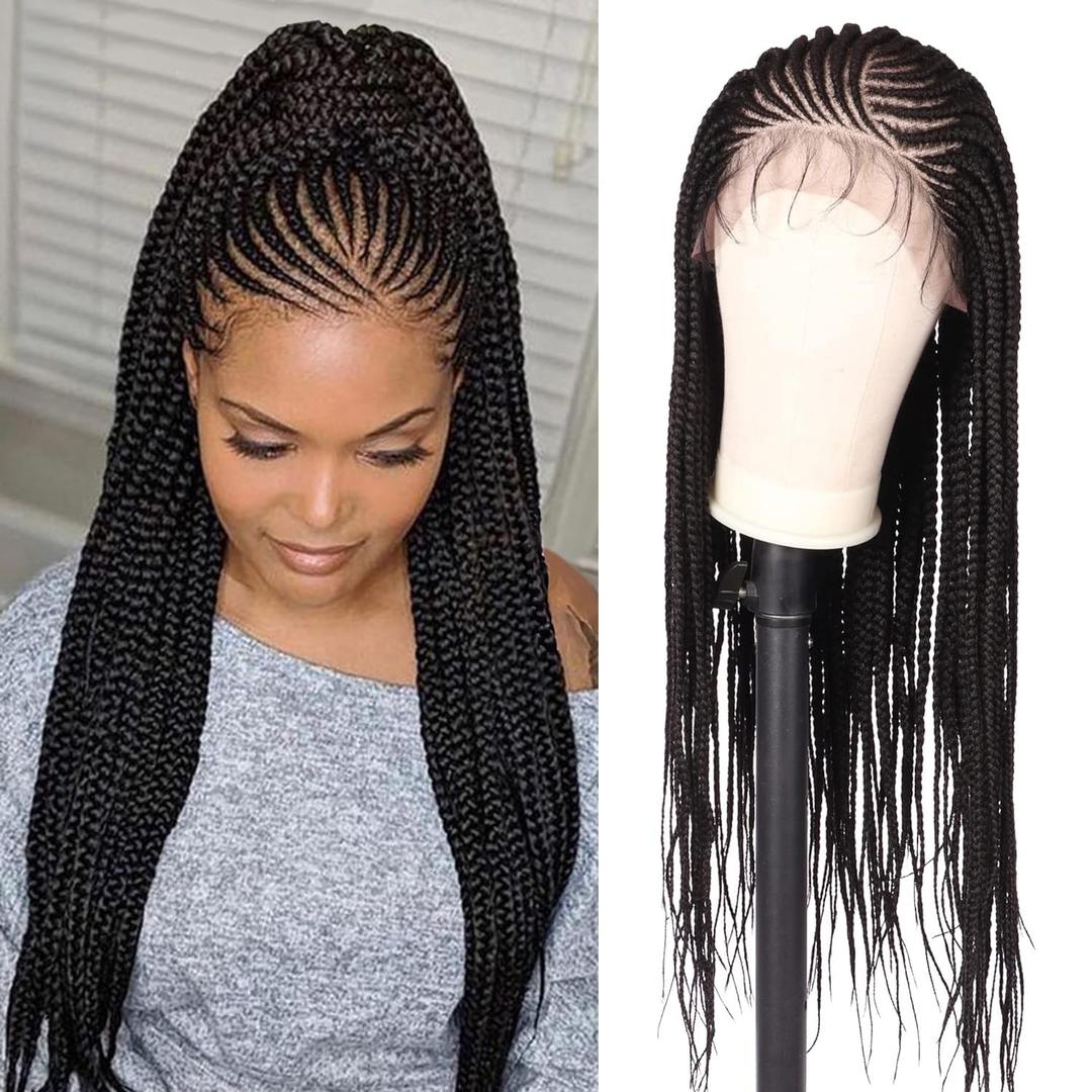 Alebery 13x6 Lace Front Box Braided Wigs for Black Women HD Lace Frontal Box Braids Wigs with Baby Hair Lightweight Synthetic Black Cornrow Fully Handmade Braided Wig (30 inches) (Side Parting)