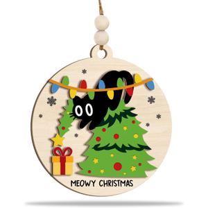 3 x Funny Cat Ornament 2025  Meowy Christmas Ornamnet Wooden Round Holiday Decoration in Tree for Cat Lovers, Pet Owners & Funny Christmas Tree Dcor