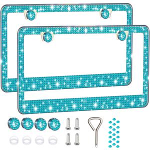 2 Pack License Plate Frames for Women, Sparkly Rhinestone Diamond Car Accessories with Glitter Crystal Caps (Blue2PCS)